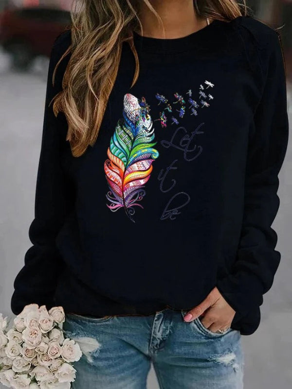 Women's Pullover – Relaxed Fit – Soft Cotton Texture – Feather Print – Long Sleeves