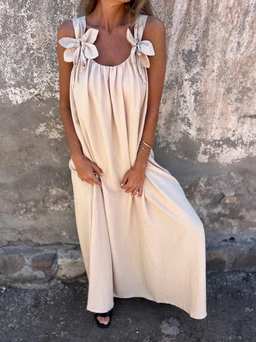 Women's Maxi Dress – Relaxed Fit – Lightweight and Breathable – Floral Details on Shoulders