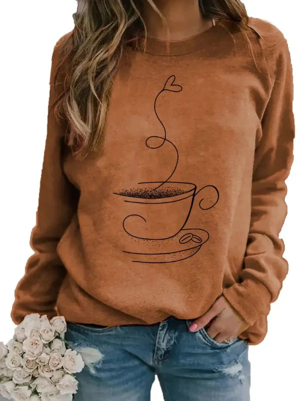 Women's Sweatshirt – Relaxed Fit – Soft Cotton Blend – Coffee Cup Print – Round Neck