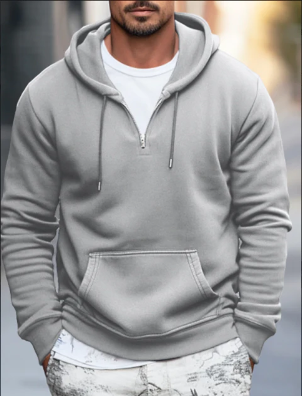 Men's Hoodie – Relaxed Fit – Soft Cotton Blend – Quarter Zip – Kangaroo Pocket
