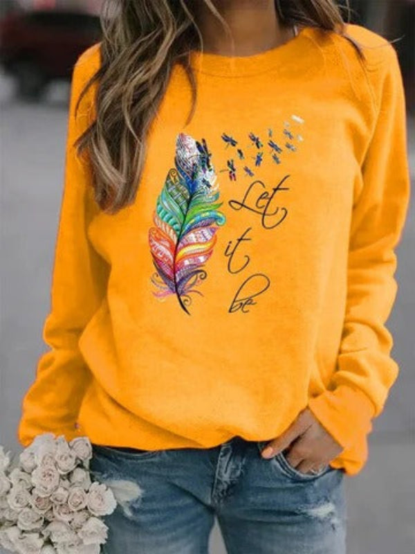 Women's Pullover – Relaxed Fit – Soft Cotton Texture – Feather Print – Long Sleeves