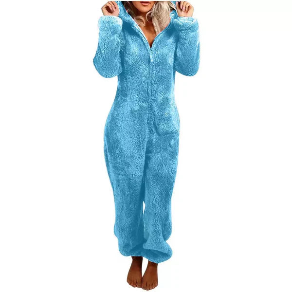 Women's Jumpsuit with Hood – Soft Plush – Relaxed Fit – Zipper – Full Length