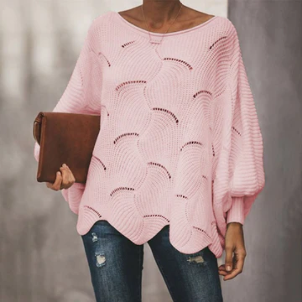 Women's Knit Sweater – Relaxed Fit – Batwing Sleeves – Wavy Hem – Open Knit