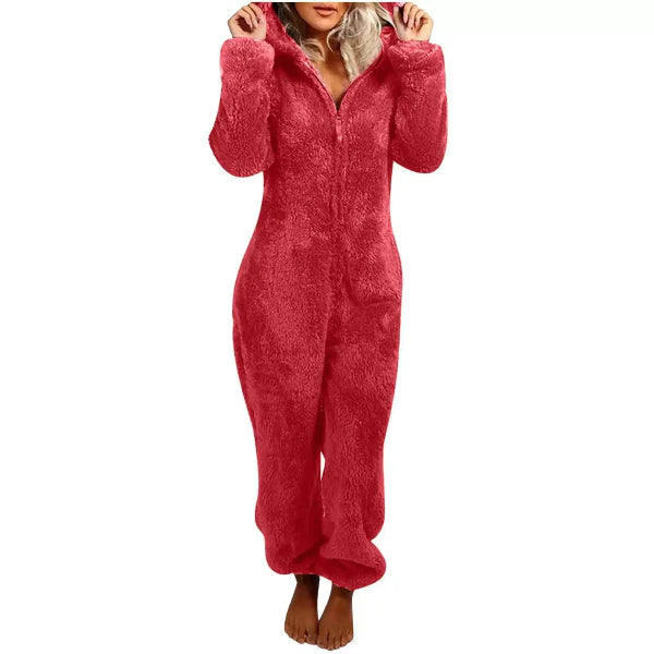 Women's Jumpsuit with Hood – Soft Plush – Relaxed Fit – Zipper – Full Length
