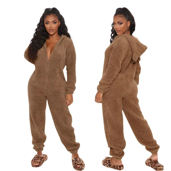 Women's Jumpsuit with Hood – Soft Plush – Relaxed Fit – Zipper – Full Length