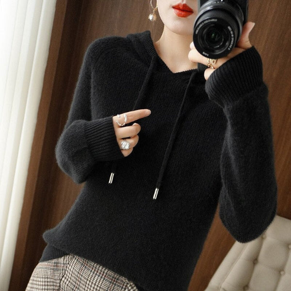 Women's Pullover with Hood – Relaxed Fit – Soft Wool Look – Long Sleeves – Ribbed Edges