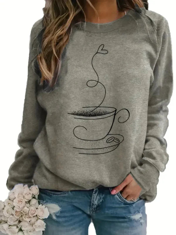 Women's Sweatshirt – Relaxed Fit – Soft Cotton Blend – Coffee Cup Print – Round Neck
