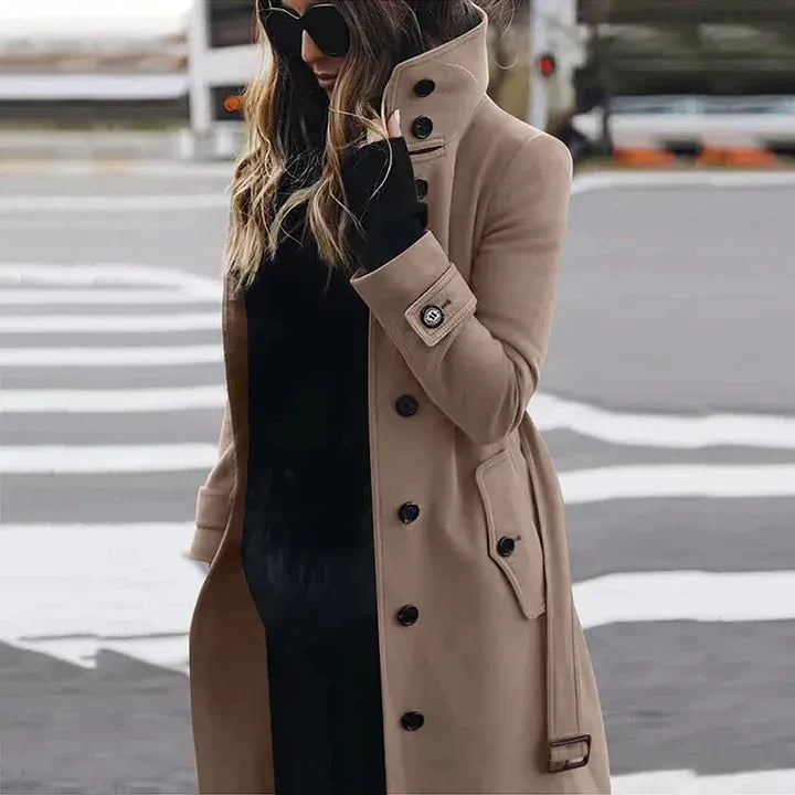 Women's Trench Coat – Tailored Fit – Wool Texture – Double-Breasted with Belt