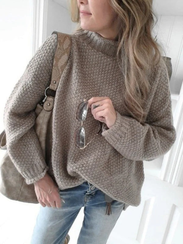 Women's Pullover Sweater – Relaxed Fit – High Neck – Textured Knit – Long Sleeves