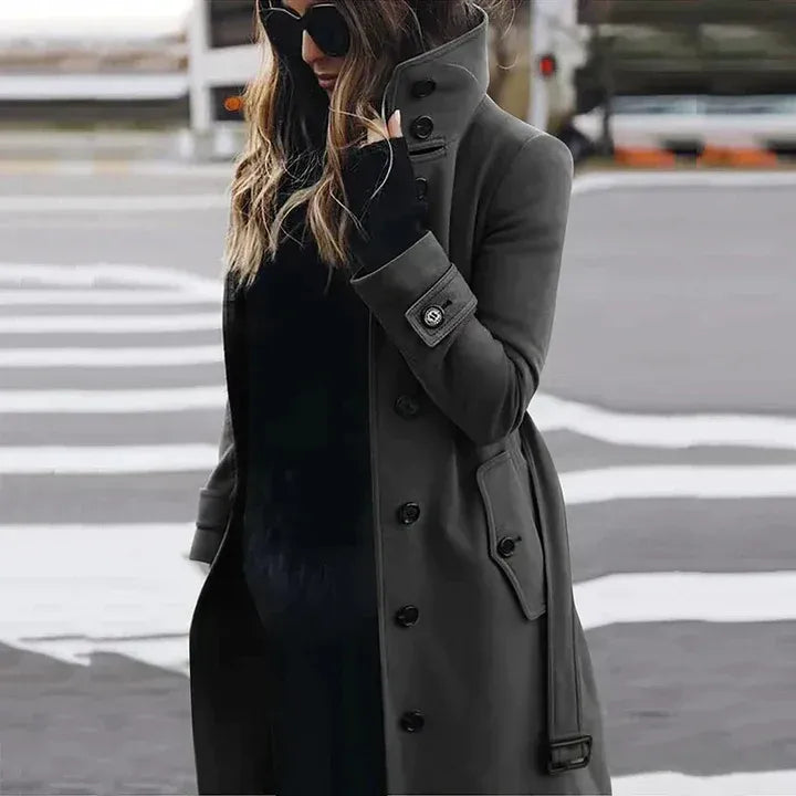 Women's Trench Coat – Tailored Fit – Wool Texture – Double-Breasted with Belt