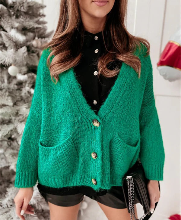 Women's Cardigan – Oversized Fit – Chunky Knit – V-Neck – Button Closure – Pockets