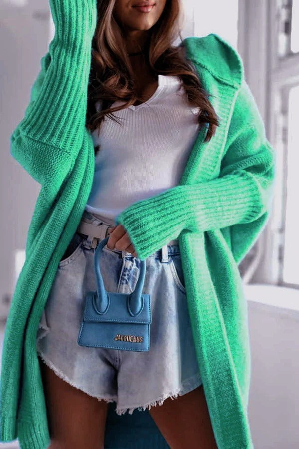 Women's Cardigan – Knit – Oversized Fit – Hood – Open Front – Ribbed Edges