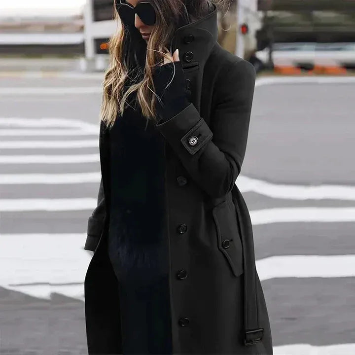 Women's Trench Coat – Tailored Fit – Wool Texture – Double-Breasted with Belt