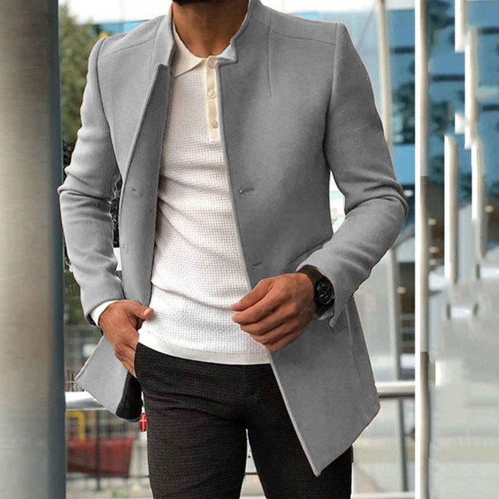 Men's Coat – Slim Fit – Wool Texture – Mandarin Collar – Mid-Length Elegant Style
