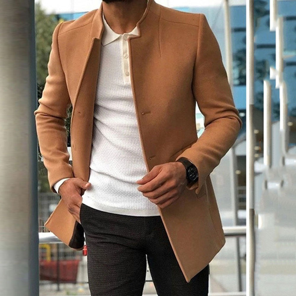 Men's Coat – Slim Fit – Wool Texture – Mandarin Collar – Mid-Length Elegant Style