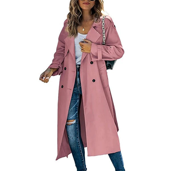 Women's Trench Coat – Long Straight Silhouette – Relaxed Fit – Belt – Double-Breasted