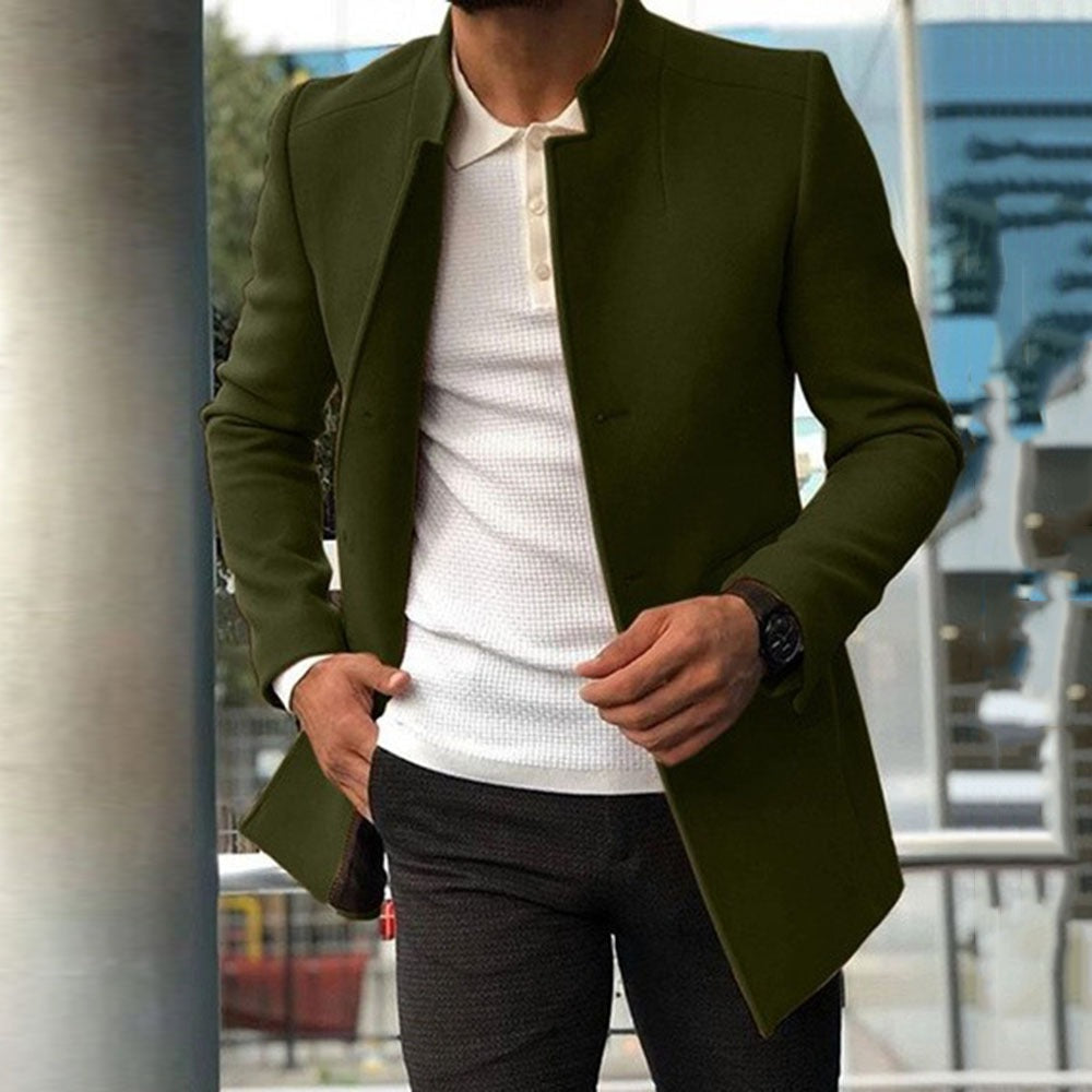 Men's Coat – Slim Fit – Wool Texture – Mandarin Collar – Mid-Length Elegant Style