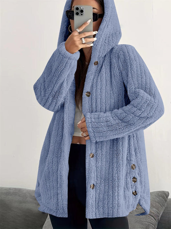 Women's Coat – Oversize Fit – Hood – Soft Texture – Button Closure – Mid-Length