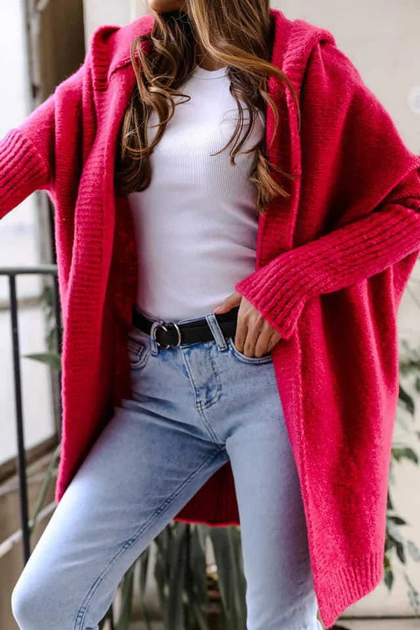 Women's Cardigan – Knit – Oversized Fit – Hood – Open Front – Ribbed Edges