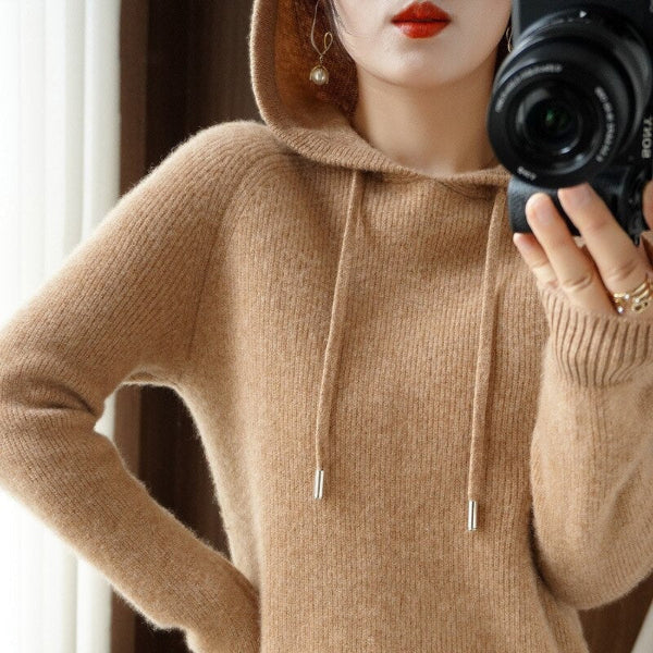 Women's Pullover with Hood – Relaxed Fit – Soft Wool Look – Long Sleeves – Ribbed Edges