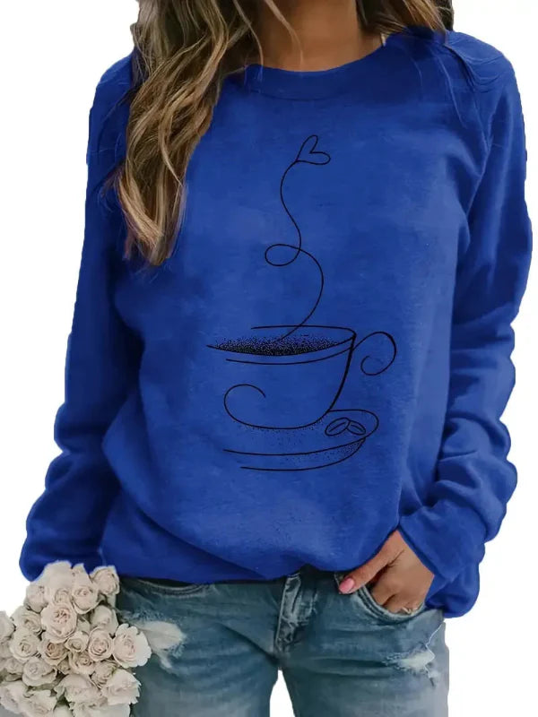 Women's Sweatshirt – Relaxed Fit – Soft Cotton Blend – Coffee Cup Print – Round Neck
