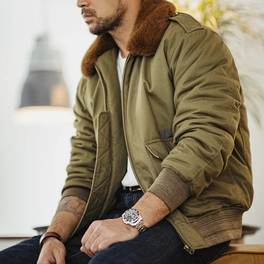 Men’s Bomber Jacket - Woven Fabric - Faux Fur Collar - Ribbed Cuffs and Hem
