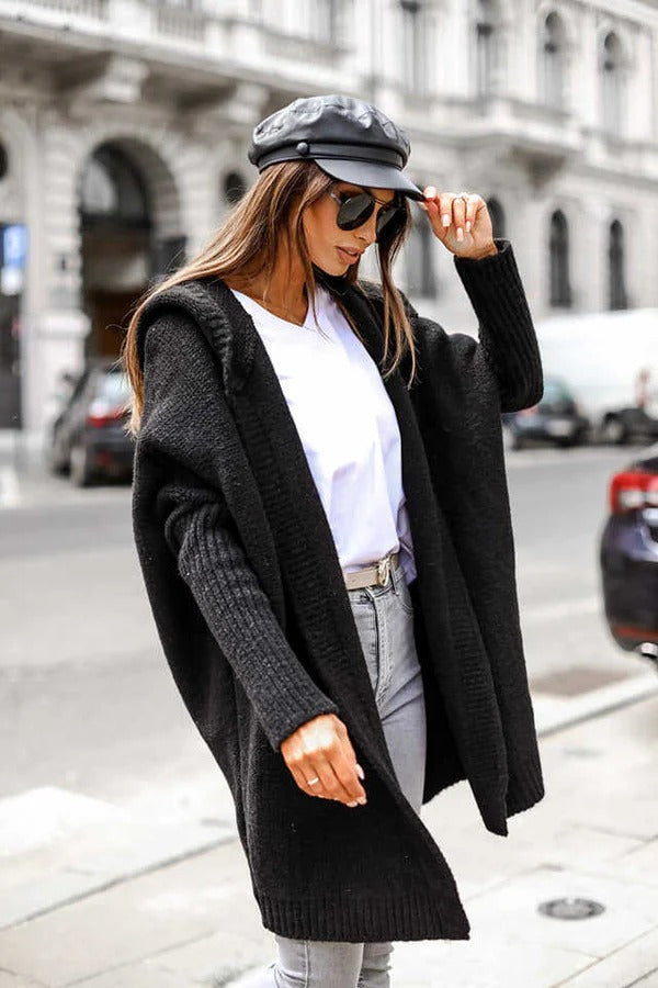 Women's Cardigan – Knit – Oversized Fit – Hood – Open Front – Ribbed Edges