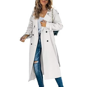Women's Trench Coat – Long Straight Silhouette – Relaxed Fit – Belt – Double-Breasted
