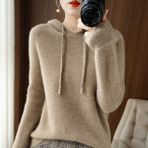 Women's Pullover with Hood – Relaxed Fit – Soft Wool Look – Long Sleeves – Ribbed Edges
