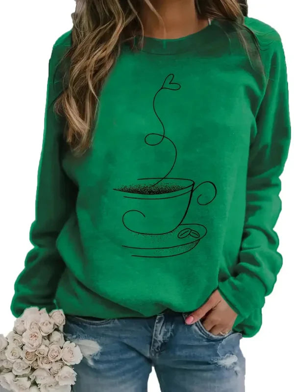 Women's Sweatshirt – Relaxed Fit – Soft Cotton Blend – Coffee Cup Print – Round Neck