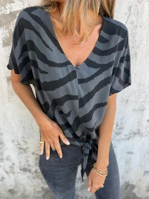 Women's Blouse – Relaxed Fit – V-Neck – Tie – Short Sleeve – Breathable Fabric