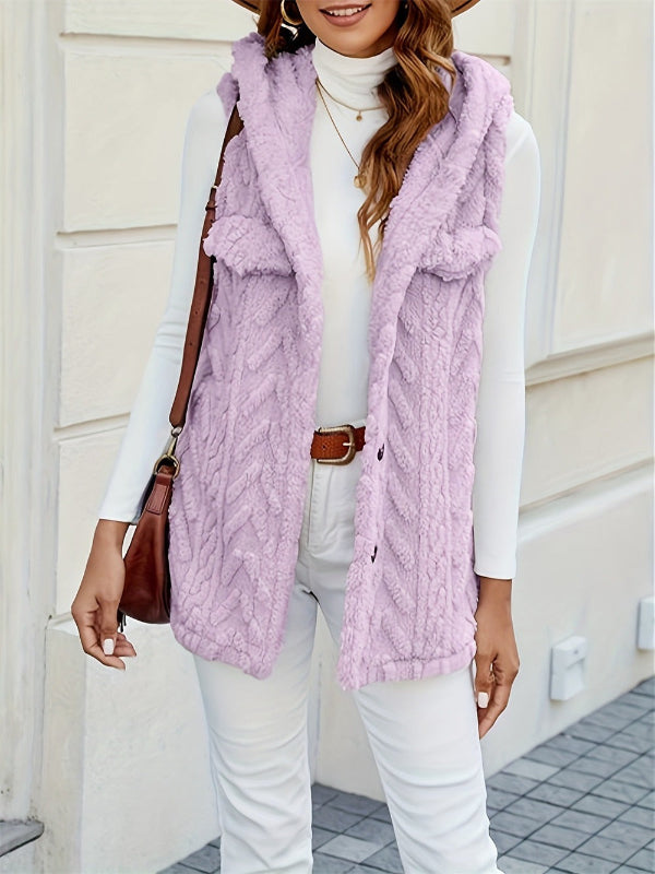 Women's Vest With Hood – Fuzzy Knit – Button Closure – Relaxed Fit – Chest Pockets