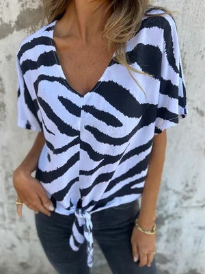 Women's Blouse – Relaxed Fit – V-Neck – Tie – Short Sleeve – Breathable Fabric