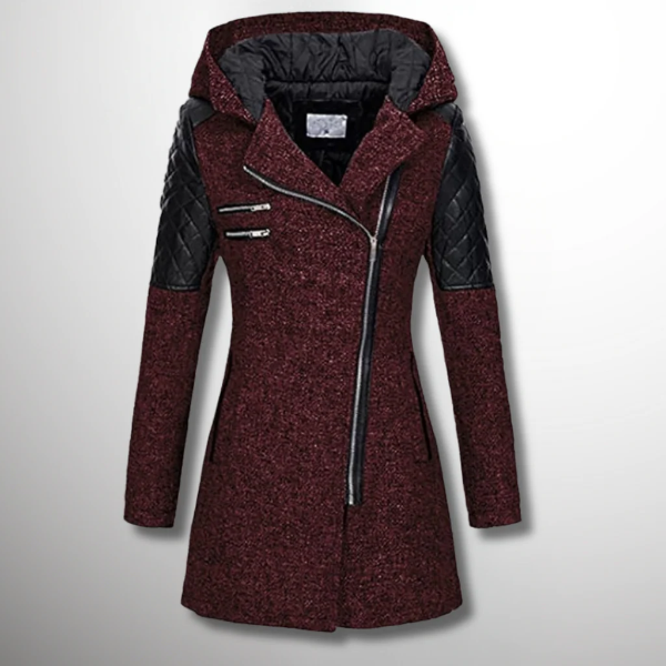 Women’s Coat - Woven Blend - Tailored Fit - Mid-Thigh Length - Hooded - Asymmetrical Zip