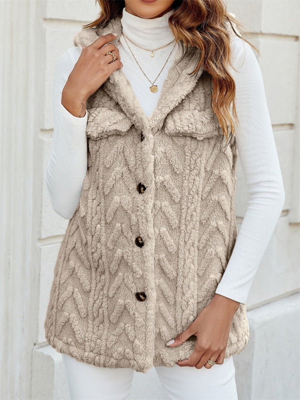 Women's Vest With Hood – Fuzzy Knit – Button Closure – Relaxed Fit – Chest Pockets