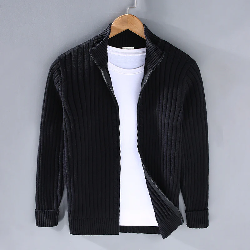 Men's Cardigan – Slim Fit – Knitted Ribbed Texture – Zipper – Versatile Layering