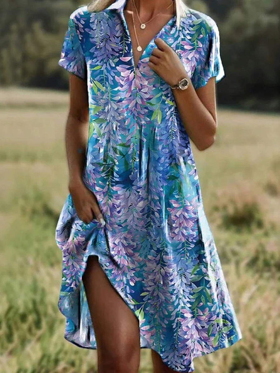 Women's Mini Dress – Relaxed Fit – V-Neck – Short Sleeves – Floral Pattern – Light and Breathable