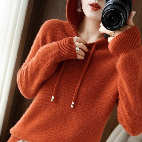 Women's Pullover with Hood – Relaxed Fit – Soft Wool Look – Long Sleeves – Ribbed Edges
