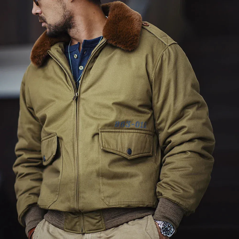 Men’s Bomber Jacket - Woven Fabric - Faux Fur Collar - Ribbed Cuffs and Hem