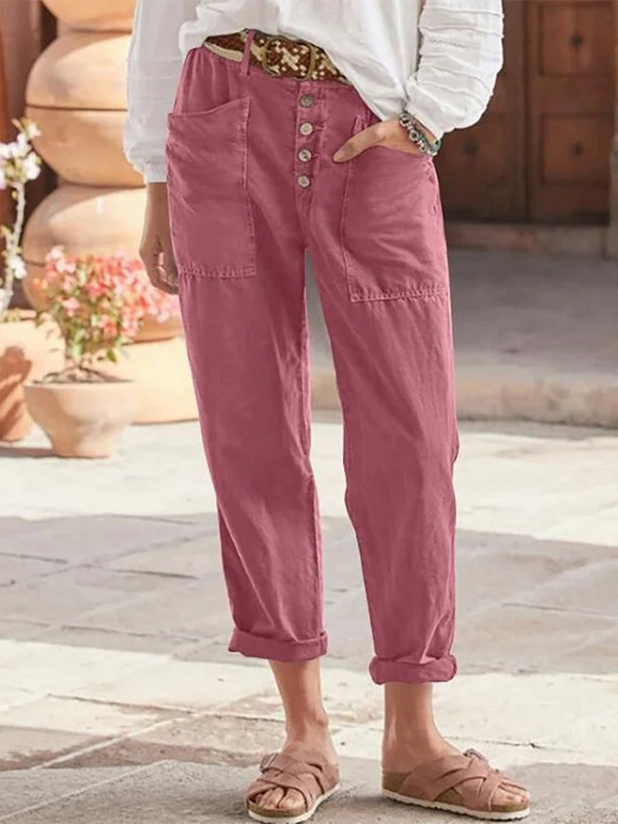 Women's Pants – Relaxed Fit – Light and Breathable – Button Closure – Rolled Hem