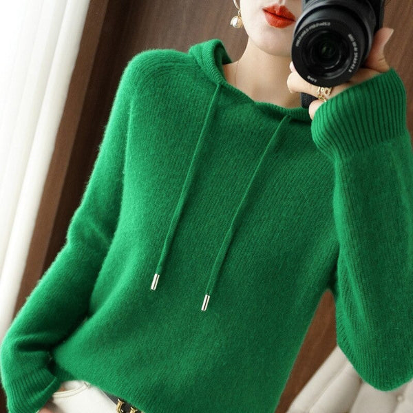 Women's Pullover with Hood – Relaxed Fit – Soft Wool Look – Long Sleeves – Ribbed Edges