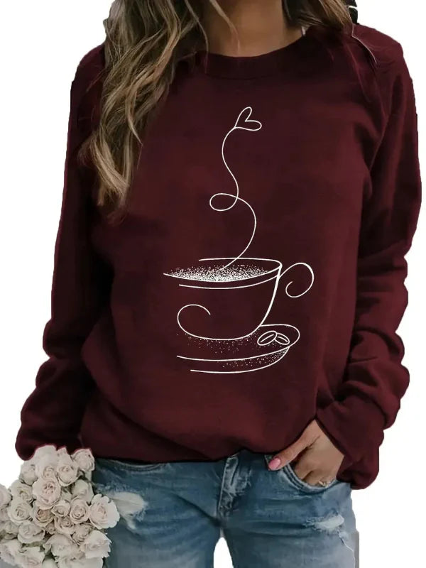 Women's Sweatshirt – Relaxed Fit – Soft Cotton Blend – Coffee Cup Print – Round Neck