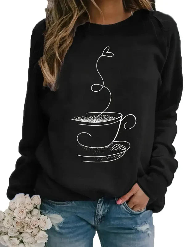 Women's Sweatshirt – Relaxed Fit – Soft Cotton Blend – Coffee Cup Print – Round Neck