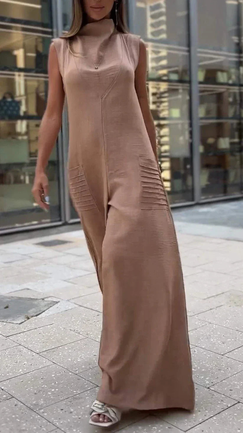 Dame Jumpsuit - Ærmeløs - Høj Hals - Vidde Ben - Letvægts Stoff - Afslappet Pasform