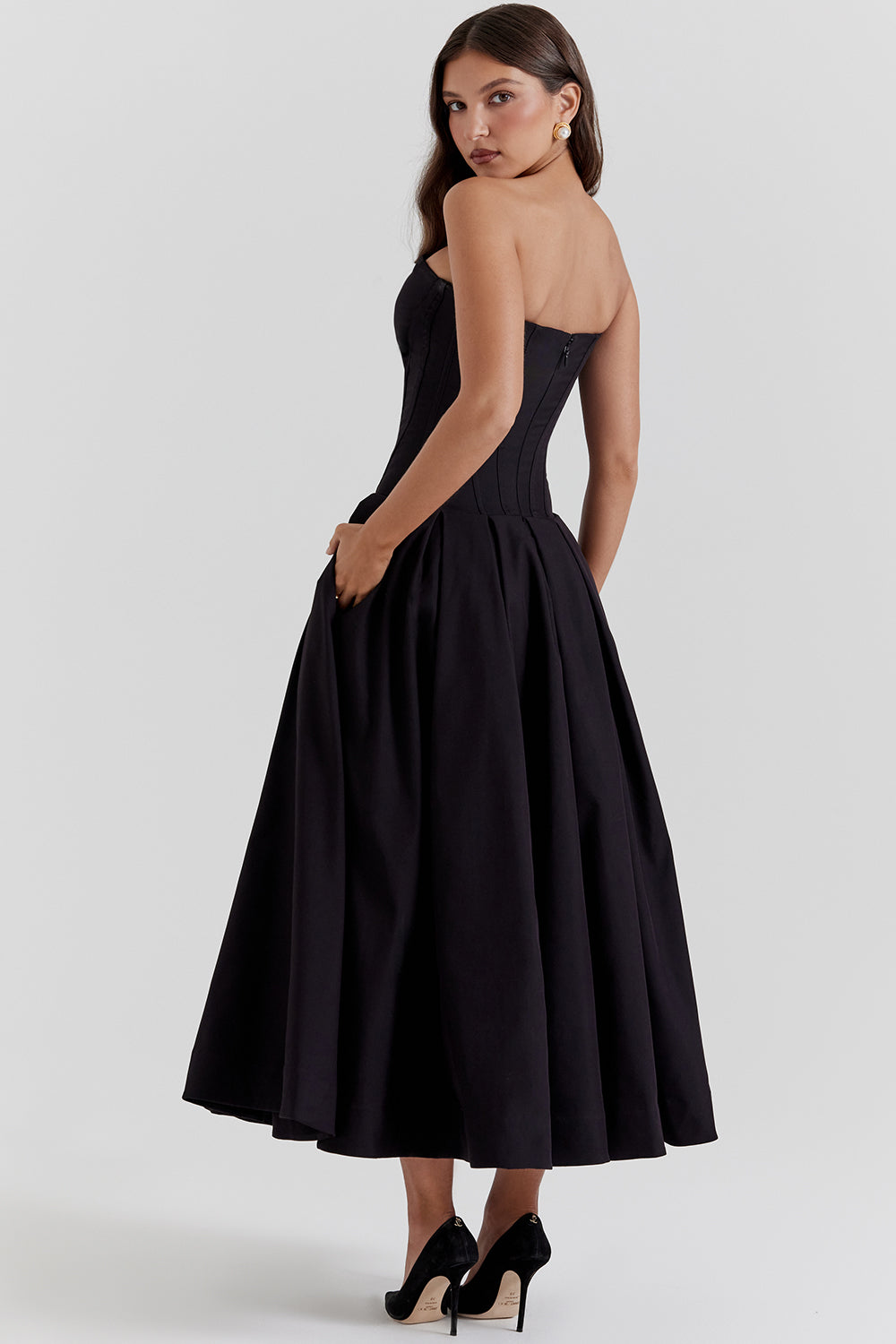 Kjole til kvinder – Stropløs midi – Vævet satin – A-line snit – Elegant pasform