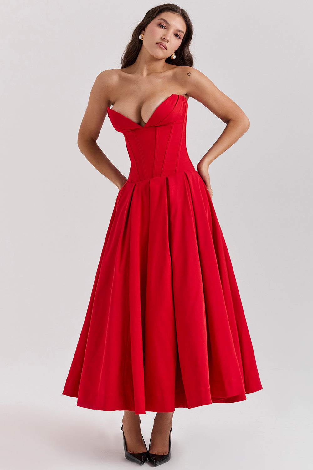 Kjole til kvinder – Stropløs midi – Vævet satin – A-line snit – Elegant pasform