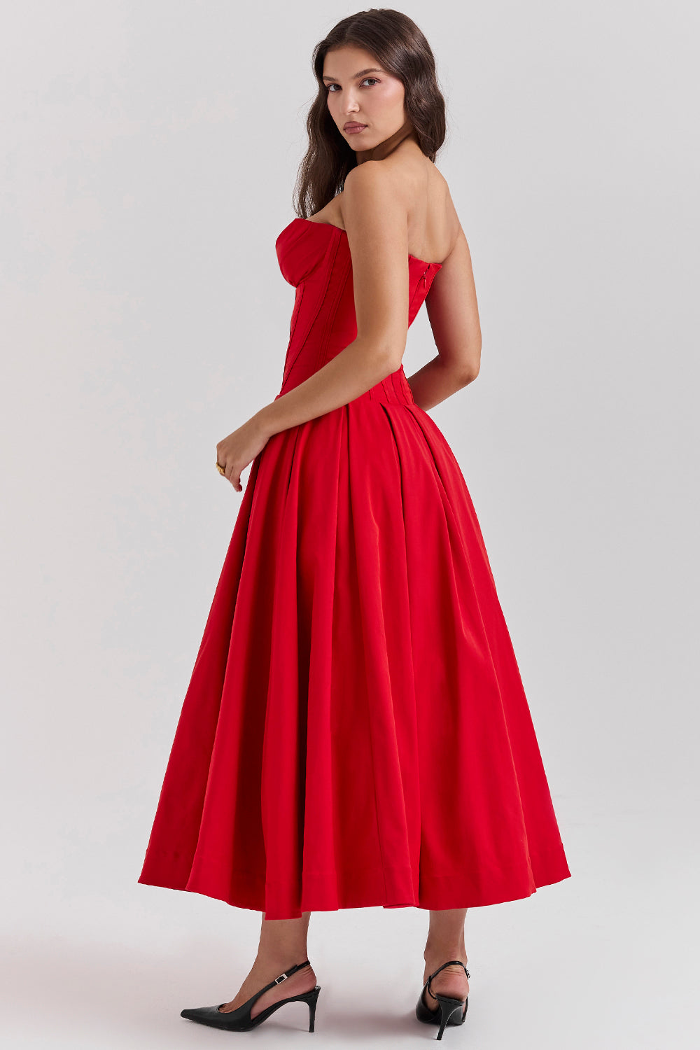 Kjole til kvinder – Stropløs midi – Vævet satin – A-line snit – Elegant pasform