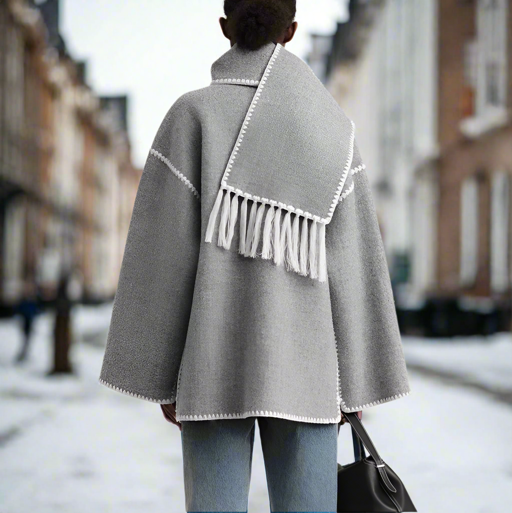 Women's Wool Coat - Loose Fit - Button Closure with Decorative Stitching - Incl. Scarf