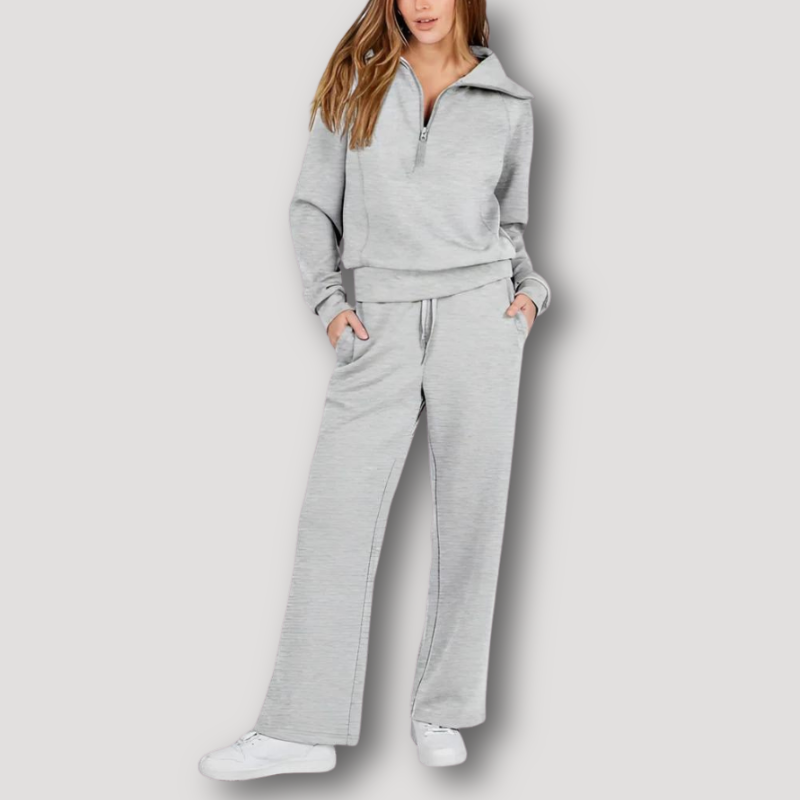 Dame Loungewear Sæt - Langærmet Half-Zip Pullover - Højtaljede Wide-Leg Bukser