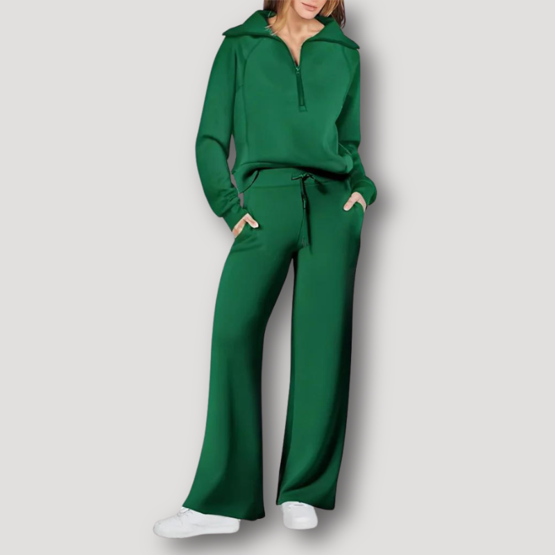 Dame Loungewear Sæt - Langærmet Half-Zip Pullover - Højtaljede Wide-Leg Bukser